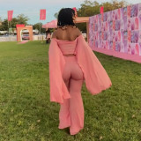 Women Autumn Off‑Shoulder Ruffle Trim Crop Top and Bell Bottom Pants Two‑Piece Set