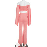 Women Autumn Off‑Shoulder Ruffle Trim Crop Top and Bell Bottom Pants Two‑Piece Set