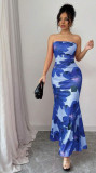 Women Sexy Printed Strapless Backless Mermaid Dress
