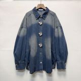 Women Autumn Winter Turndown Collar Big Button Gradient Wash Long Sleeve Denim Shirt