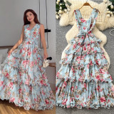 Women French Floral Sleeveless V‑Neck Summer Maxi Dress
