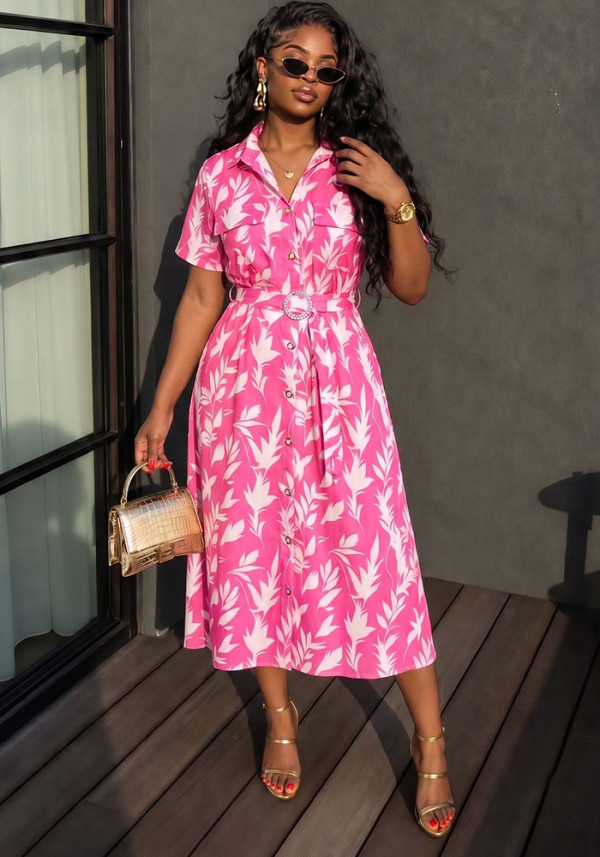 Women Summer V‑Neck French‑Style Printed Short Sleeve Maxi Dress
