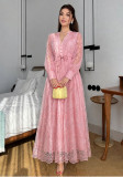 Women French V‑Neck Lace Embroidery Long Sleeve Summer Maxi Dress