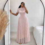 Women Autumn Round Neck Lace Short Sleeve Maxi Dress