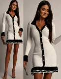 Women French Color‑Block Polo Collar Long Sleeve Ruffle Trim Dress
