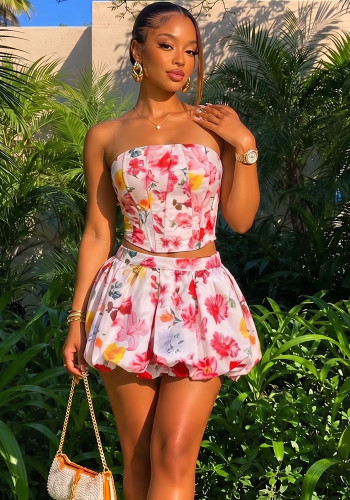 Women French Summer Strapless Top and Skirt Two‑Piece Set
