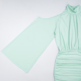 Women Autumn High Neck Off‑Shoulder Long Sleeve Ruched Bodycon Dress