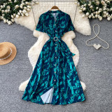 Women Summer V‑Neck French‑Style Printed Short Sleeve Maxi Dress
