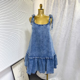 Women Summer Patchwork Spaghetti Strap Lace‑Up Denim Dress