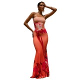 Women Sexy Printed Strapless Backless Mermaid Dress