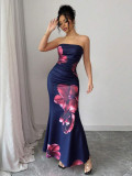 Women Sexy Printed Strapless Backless Mermaid Dress