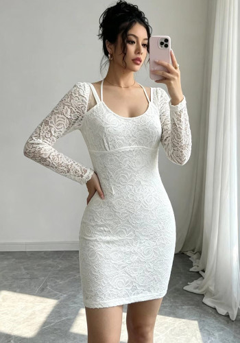 Women Autumn Elegant Lace See‑Through Jacquard Side Slit Long Sleeve Dress