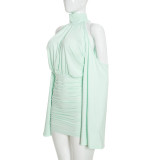 Women Autumn High Neck Off‑Shoulder Long Sleeve Ruched Bodycon Dress