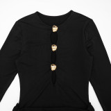 Women Autumn Round Neck Metal Button Hollow Out Long Sleeve Ruched Bodycon Dress