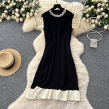 Women Summer Beaded Round Neck Sleeveless Color‑Block Knit French‑Style Dress
