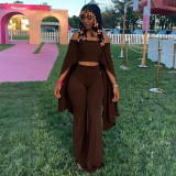 Women Autumn Off‑Shoulder Ruffle Trim Crop Top and Bell Bottom Pants Two‑Piece Set