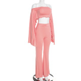 Women Autumn Off‑Shoulder Ruffle Trim Crop Top and Bell Bottom Pants Two‑Piece Set