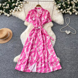 Women Summer V‑Neck French‑Style Printed Short Sleeve Maxi Dress