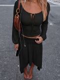 Women Autumn Casual Long Sleeve Tie‑Detail Top and Irregular Skirt Two‑Piece Set