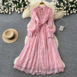 Women French V‑Neck Lace Embroidery Long Sleeve Summer Maxi Dress