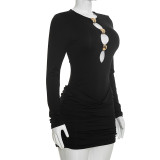 Women Autumn Round Neck Metal Button Hollow Out Long Sleeve Ruched Bodycon Dress