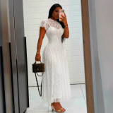 Women Autumn Round Neck Lace Short Sleeve Maxi Dress