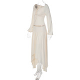 Women Autumn Casual Long Sleeve Tie‑Detail Top and Irregular Skirt Two‑Piece Set