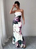 Women Sexy Printed Strapless Backless Mermaid Dress