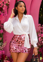 Women Lace‑Up V‑Neck Lantern Sleeve Blouse Women Lace‑Up V‑Neck Lantern Sleeve Blouse