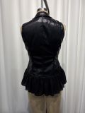 Women Sexy V‑Neck Sleeveless Ruffle Trim PU Leather Vest