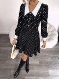 Women Autumn French Elegant Turndown Collar Polka Dot Dress