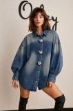 Women Autumn Winter Turndown Collar Big Button Gradient Wash Long Sleeve Denim Shirt