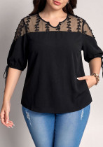 Plus Size Women Summer Mesh V‑Neck Lace‑Up Five‑Point Puff Sleeve Lace Patchwork Top Plus Size Women Summer Mesh V‑Neck Lace‑Up Five‑Point Puff Sleeve Lace Patchwork Top
