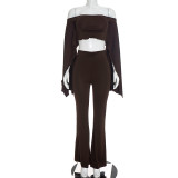 Women Autumn Off‑Shoulder Ruffle Trim Crop Top and Bell Bottom Pants Two‑Piece Set