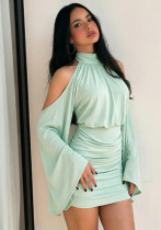 Women Autumn High Neck Off‑Shoulder Long Sleeve Ruched Bodycon Dress