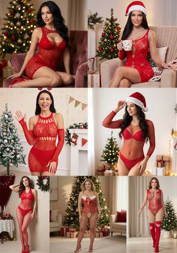 Women Christmas Lingerie Hollow Out Mesh Bodysuit Two‑Piece Lingerie Set
