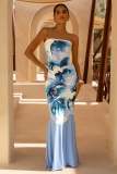 Women Sexy Printed Strapless Backless Mermaid Dress