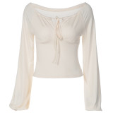 Women Autumn Casual Long Sleeve Tie‑Detail Top and Irregular Skirt Two‑Piece Set