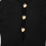 Women Autumn Round Neck Metal Button Hollow Out Long Sleeve Ruched Bodycon Dress