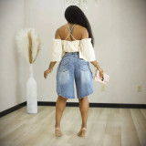 Women Autumn Winter Irregular Side Slit Five‑Point Ripped Denim Pants