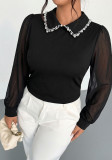 Plus Size Women Pearl Collar Patchwork Mesh Puff Sleeve Blouse Top