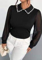 Plus Size Women Pearl Collar Patchwork Mesh Puff Sleeve Blouse Top Plus Size Women Pearl Collar Patchwork Mesh Puff Sleeve Blouse Top