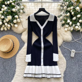 Women French Color‑Block Polo Collar Long Sleeve Ruffle Trim Dress