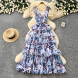 Women French Floral Sleeveless V‑Neck Summer Maxi Dress
