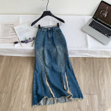 Women Summer Raw‑Edge Ripped Mermaid Denim Skirt