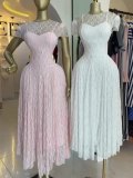 Women Autumn Round Neck Lace Short Sleeve Maxi Dress