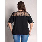 Plus Size Women Summer Mesh V‑Neck Lace‑Up Five‑Point Puff Sleeve Lace Patchwork Top