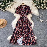 Women Summer V‑Neck French‑Style Printed Short Sleeve Maxi Dress