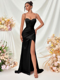 Women Strapless Sexy Slit Spaghetti Strap Maxi Dress