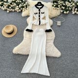 Women Autumn French Style Metal Button Long Sleeve Top and Ruffle Knit Skirt Two‑Piece Set
